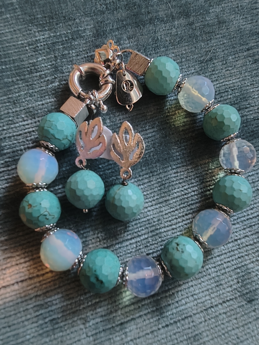 Turquoise Opalite BraceletEarrings Set Silver Tone Faceted BlueBead Matching Set